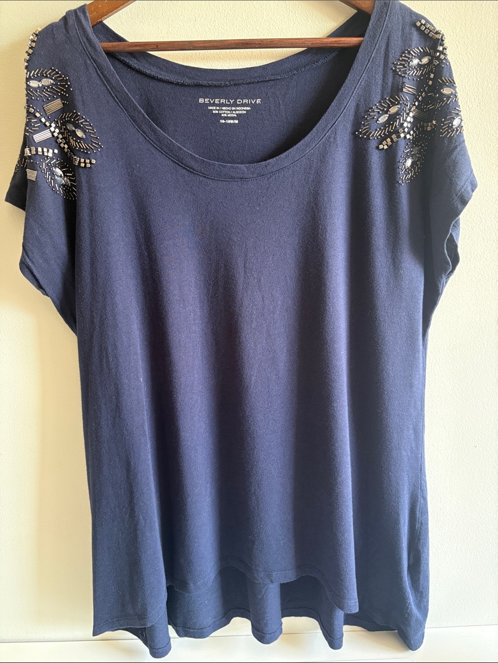 Beverly Drive Navy Beaded Shoulder Top‎ Plus Size 16/18W
